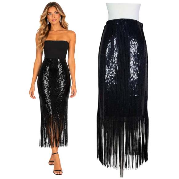 Muse Dresses & Skirts - Muse | Black Sequin Fringe Pencil Midi Skirt Party Cocktail Glam Rocker US 4